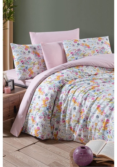 Mystory Home Lastikli Çarşaflı Çift Kişilik Nevresim Takımı Lily Pembe - Turuncu