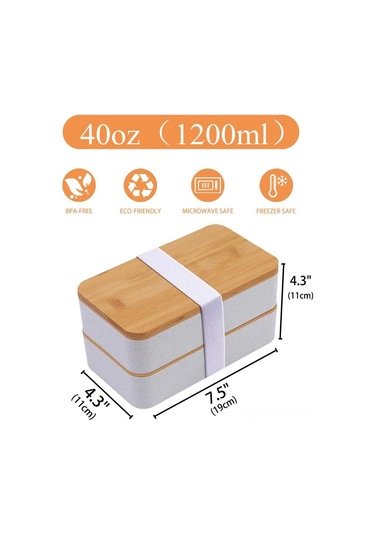 Hangfox Doğal Bambu Kapaklı Çift Katlı Microwave Uyumlu Çalışan/öğrenci Bento Kutusu - Sağlıklı Yemek Taşıma Kutusu Isı Saklama Çantası Dahil Beyaz