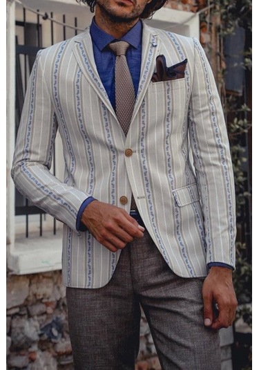 Wessi Çizgili Bej Slim Fit Ceket Siyah