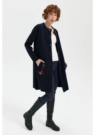 Desen Triko Kadın Dik Yaka Cebi İşlemeli Uzun Yün Kaban 24012 Koyu Lacivert Koyu Lacivert