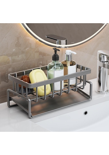 Gri 1 Adet Kendinden Boşaltmalı Lavabo Rafı Paslanmaz Çelik Mutfak Lavabo Drenajı Raf Sabun Sünger Tutucu Mutfak Lavabo Organizatör