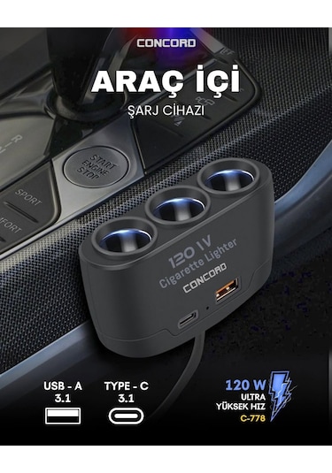 Concord C-778 120w Çakmaklık Çoğaltıcı + Type-c + Usb Çıkışlı