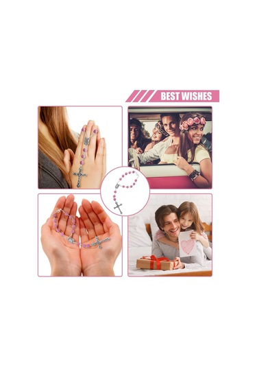 Geeroyoo Gül Desenli İpeksi Boncuklu Tesbih, Haç Tasarımında Kutsal Ayak, Pembe Renkli Dini Aksesuar Beyaz Taşlı Rose