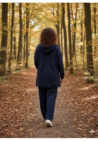 Soft&Basic Kapüşonlu Yanları Çıt Çıt Detaylı Sweatshirt Ve Nervürlü Pantolon Alt Üst Takım Lacivert