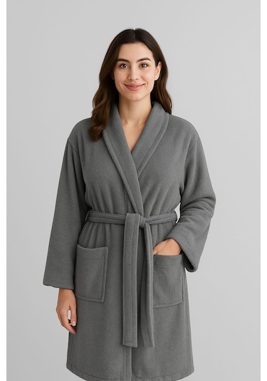 Unisex %100 Pamuklu Kapüşon'lu Bornoz Gri