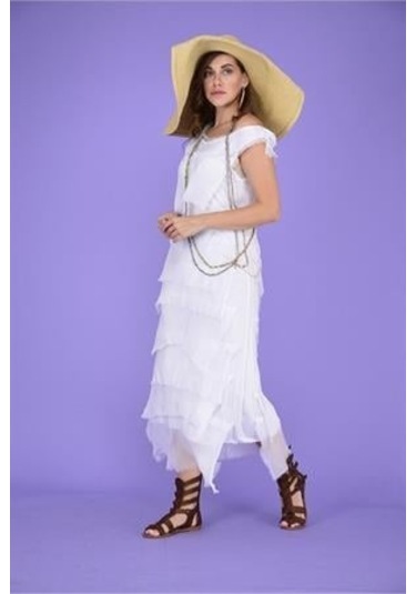 Italyan 2 Beden İnce Gösteren Kat Kat Kolsuz Ipek Elbise-8769 Beyaz