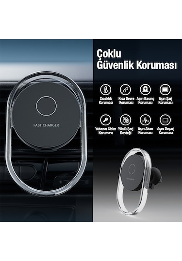 Ally 15W Klima Araç Havalandırma Bölmesi Manyetik Şeffaf Kablosuz