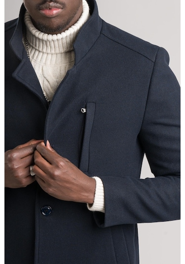 Slimfit Hakim Yaka Düğme Kapamalı Yan Cepli Astarlı Tek Yırtmaçlı Yünlü Kaşe Kaban Lacivert