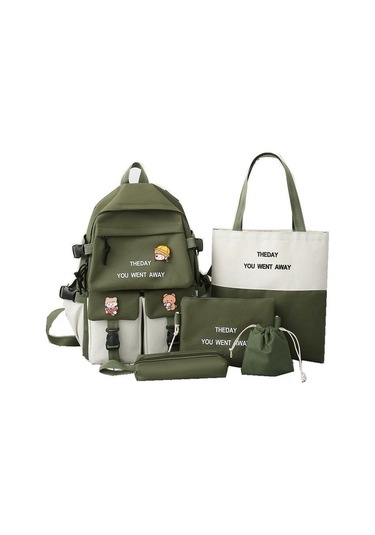 Wizmy Yeni Beş Parça Öğrenci Çantası Kadın Renk Kontrast Öğrenci Çantası Aqds6ı Koyu Yeşil