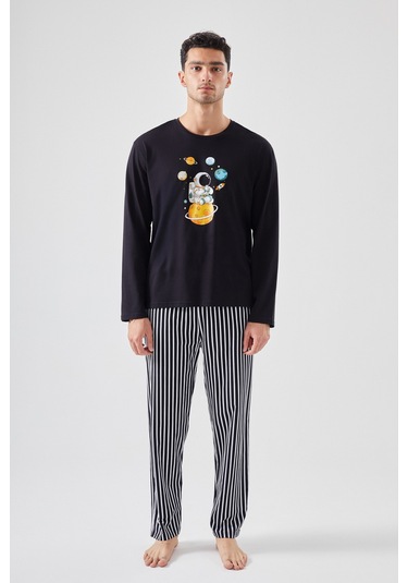 Erkek Pamuklu Uzun Kollu Üst Astronot Baskılı Alt Çizgili Pijama Takımı Ke30106 Siyah - Beyaz