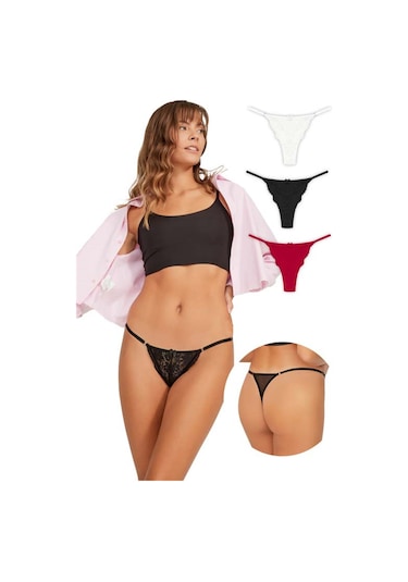 Önü Dantelli Tül Detaylı Kadın Tanga 3'lü Paket Külot - 3 Renkli-3 Çok Renkli