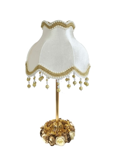 Kadife Kaplı Çiçek Dekorlu Ekru Kumaş Gold Şeritli Abajur Diğer