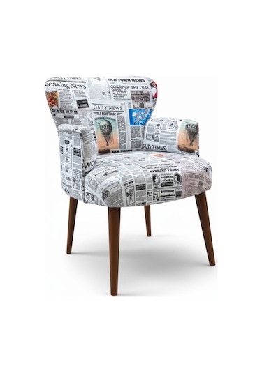 Roma Modern Tekli Koltuk Berjer - Dijital Baskılı Kumaş - Ahşap Ayak - Gazete Desen Gazete Desen