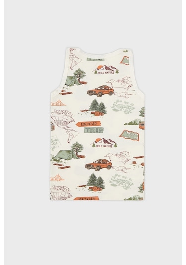 Lela Desenli Streç Pamuklu Bisiklet Yaka Atlet Boxer 2'Li Iç Giyim Erkek Çocuk Takım 6651010 Ekru-Yeşil