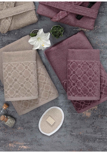 Güvenal Hayal 12 Parça Kutulu Jakarlı Bornoz Takımı Bornoz Havlu & Havlu Seti Banyo Çeyiz Seti 5 Çok Renkli