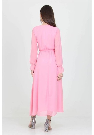Kadın Kuşaklı Uzun Şifon Elbise Dpkts003 Pudra
