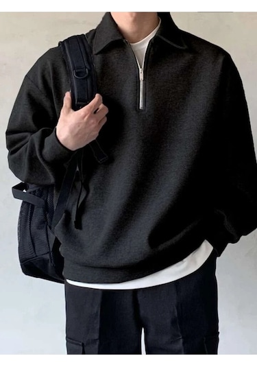 Genius Store Polo Yaka Yarım Fermuar Oversize Erkek Sweatshirt - Siyah
