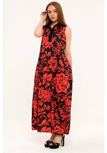 Disentis Gömlek Yaka Göğüs Altından Pileli Cepli Çiçekli Kırmızı Elbise