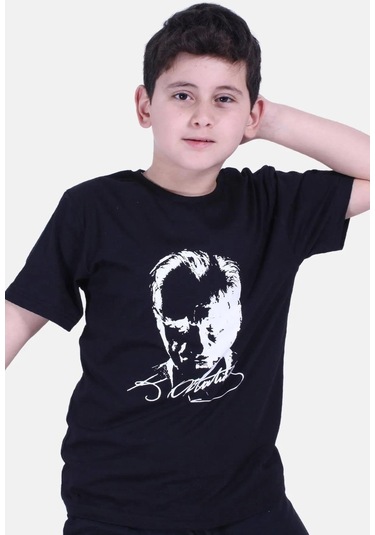 Atatürk Baskılı İmzalı Siyah Unisex Çocuk T-shırt-siyah Siyah