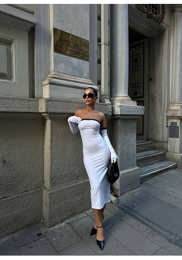 Nnstartshopping Kadın Dalgıç Kumaş Askısız Yırtmaç Detaylı Elbise BEYAZ Beyaz