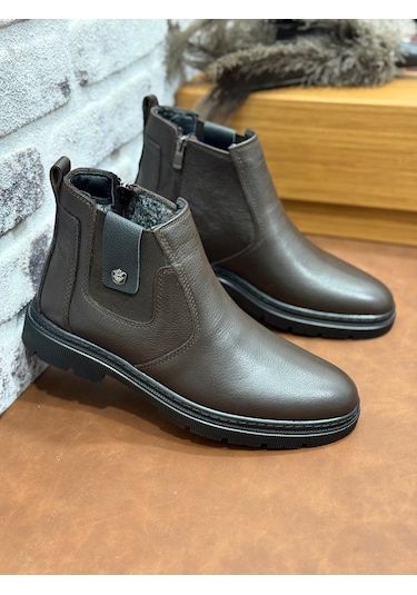 Hakiki Deri Büyük Numara Ortopedik Kürklü Erkek Bot Kahve