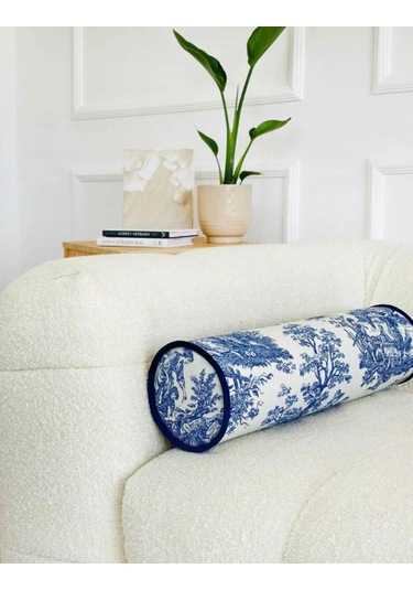 Mavi Fransız Köylüsü Keten Bolster Yastık. Silindir Rulo İc Dolgulu Fermuarlı Yastık Renkli