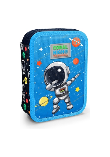 Coral High Kids Lacivert Mavi Astronot Desenli Çift Katlı Kalem Çanta 11149 Mavi