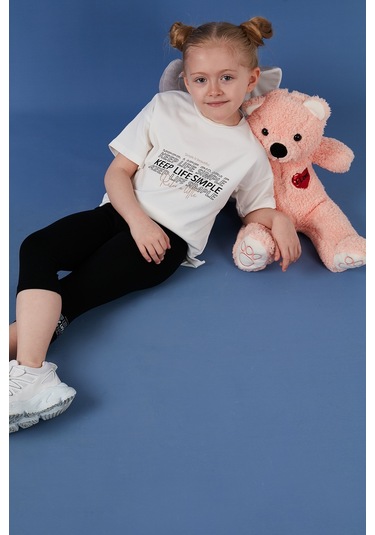 Lela Pamuklu Bisiklet Yaka Kısa Kollu Taytlı Alt-Üst Kız Çocuk Takım 6212007 Ekru