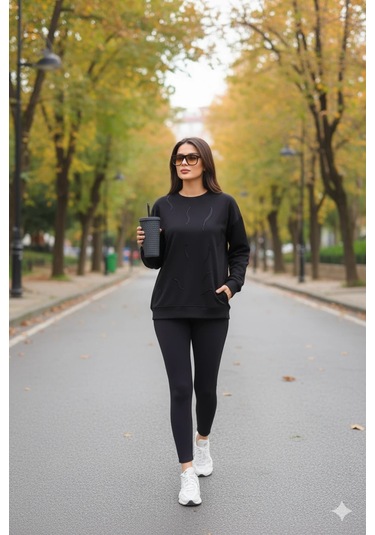 Cemo Günlük Uzun Kollu Bisiklet Yaka Basic Bluz/sweatshirt Siyah