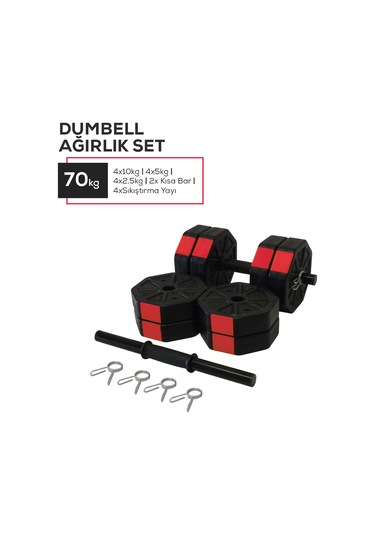 Tan Spor 70 KG Dambıl Halter Ağırlık Full Kısa + Düz + Z Bar Set Kırmızı Kapaklı