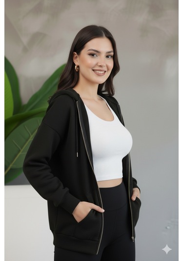 Kadın Genç Unisex Cepli Kapüşonlu Fermuarlı Sweatshirt Hırka Siyah