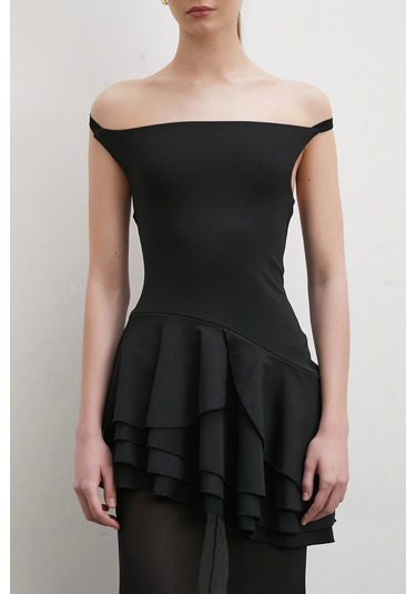 Boyun Askılı Fırfırlı Tül Elbise Siyah Siyah