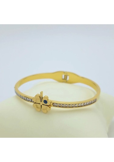 Taşlı Yonca Çelik Kelepçe Gold