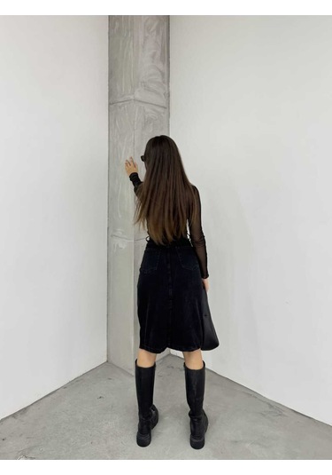 Shevega Kadın Siyah Ön Fermuar Detayli Kot Etek Siyah