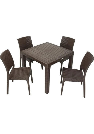 90x90cm Rattan 4 Kişilik Kare Masa Seti Kolsuz Sandalye Acı Kahve