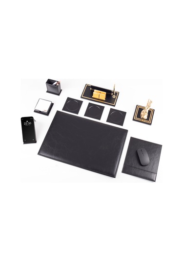 Opta 10 Parça Şahlanan At Biblolu Siyah Deri Sümen Seti Takımı Gold Kalem Ofis Masa İsimliği Lüks İsimlik