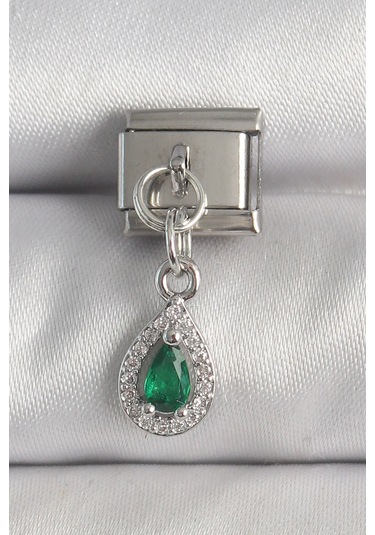 316l Çelik Gümüş Renk Sallantı Yeşil Zirkon Taşlı Damla Model Nomination Charm - Tj-bc1383 Gümüş