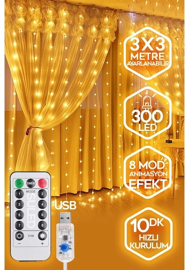 Vtn-67 10 Saçaklı 300 Ledli Sarı Led Kumandalı 8 Modlu Perde Led