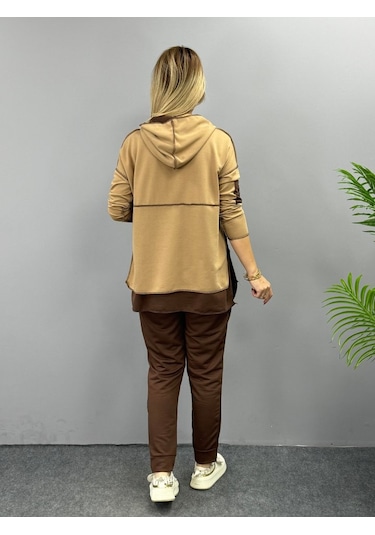 Modaserdem Kadın Kahve Kapşonlu Etek Ucu Detay Arma Ters Dikiş Gorunumlu Ikili Takım Sütlü Kahve