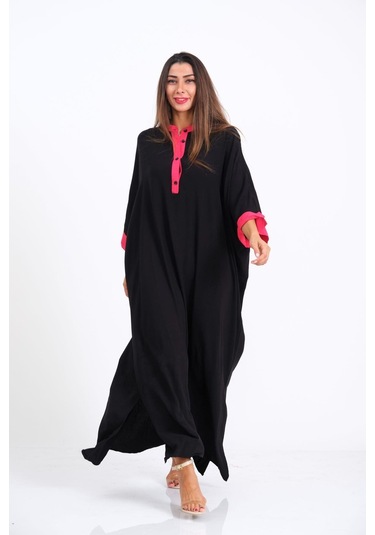 Kadın Siyah Sırtı Palmiye Nakışlı Yarasa Kol Oversize Uzun Elbise - Sıyah