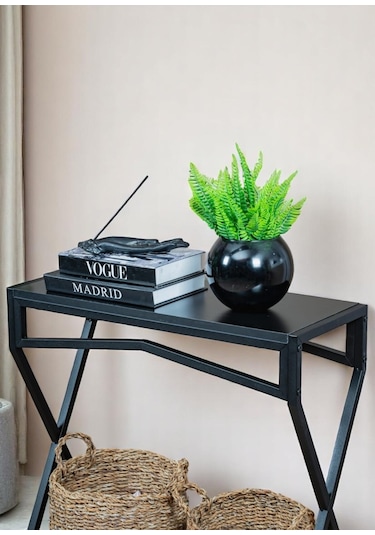 Metal Dresuar Siyah Ahşap Raflı Stand Çok Amaçlı Salon & Hol Rafı Siyah