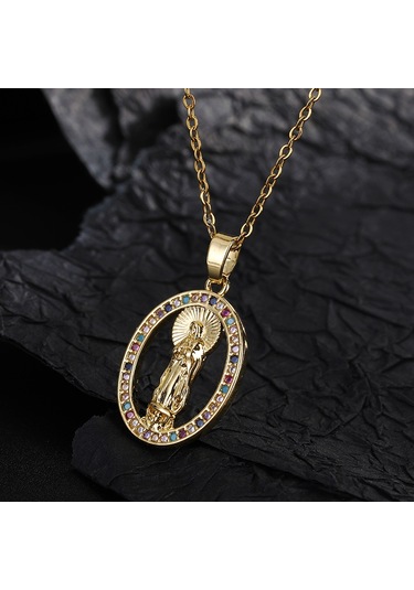 Dini Bakır Mikro Mıhlanmış Renkli Zirkon Taşlı Pandantif, Kadın Takısı, Katolik Meryem Ana Kolyesi T Altın