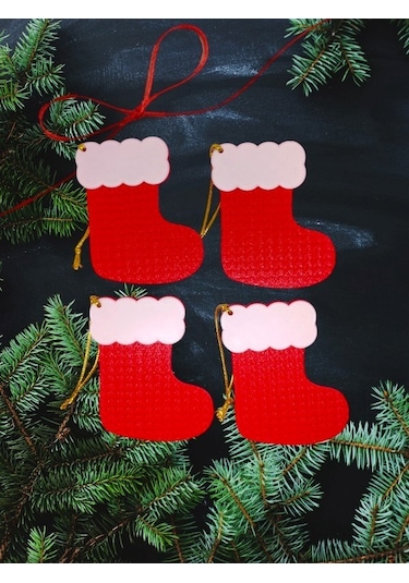 Yılbaşı Çam Ağacı Süsleri Kırmızı Beyaz Çorap 4 Adet 9 X 7 Cm Noel Baba