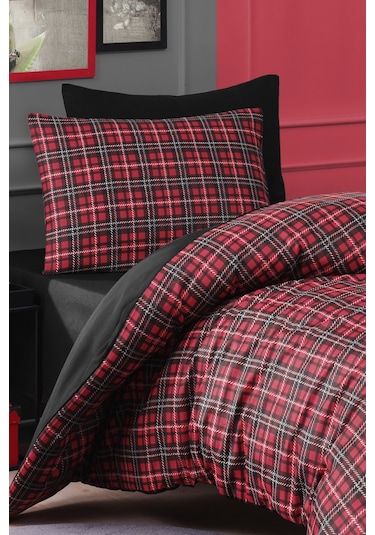 Kolay Ütülenir Nevresim Takımı Tek Kişilik İskoç Kırmızı