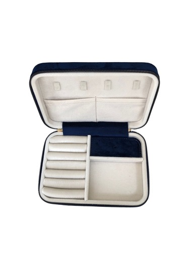 Özer Kutu Fermuarlı Deri Ahşap Kasalı Büyük Boy Takı, Seyahat Ve Mücevher Çantası Lacivert Süet 14x21 Cm