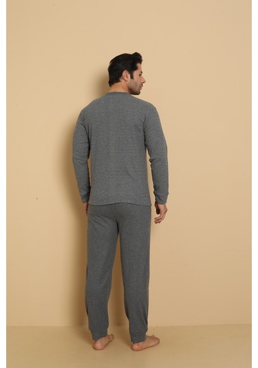 Falkon 7008 İnterlok Kışlık Çizgili Pijamalı Erkek Pijama Takımı Füme