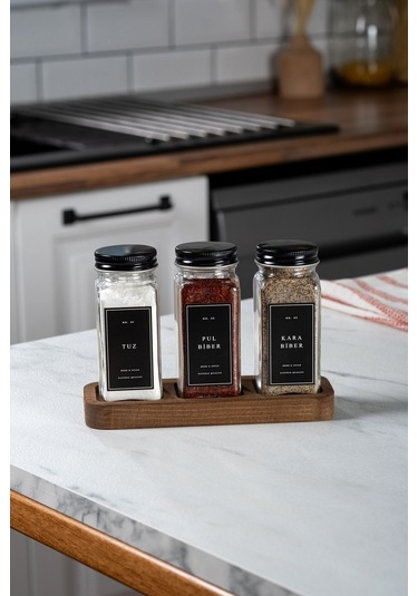 Mienda Home 3'lü Ahşap Standlı Cam Baharatlık Seti Siyah Kapaklı Etiketli Baharatlık Mh01syh03 Siyah - Şeffaf