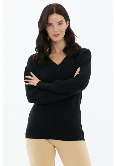 V Yaka Triko Kazak  - Siyah