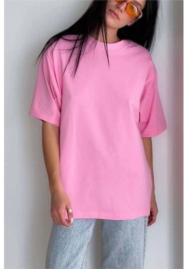 Hırsch Unisex Oversize Düz Pembe T-shirt Pembe