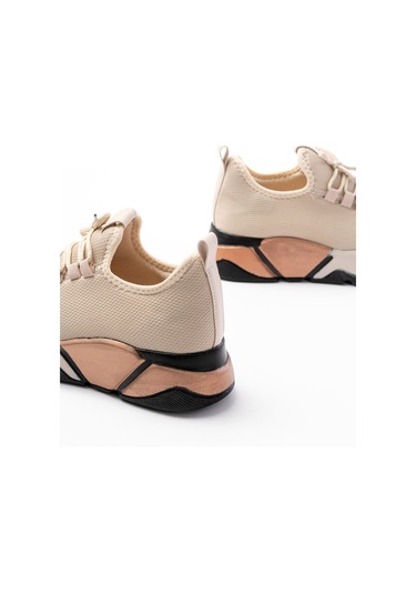 Rs-400 Bej Bağcıklı Fileli Renkli Taban Günlük Kadın Spor Beyaz